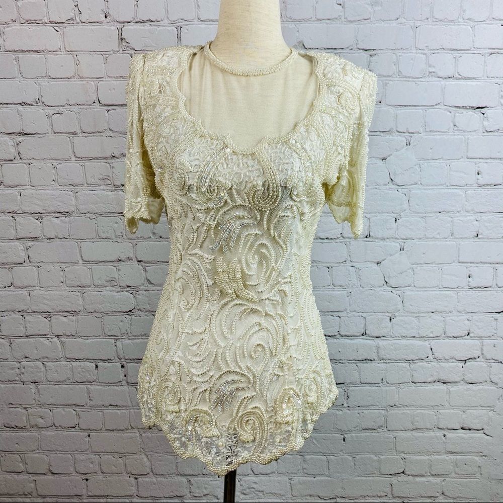 VTG 90s Neiman Marcus Pearl Beaded Lace Blouse